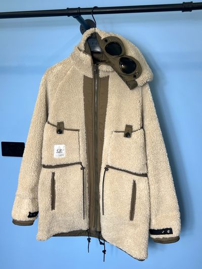 Large C.P. Company White Teddy Fleece / Green Nylon Reversible Goggle Jacket